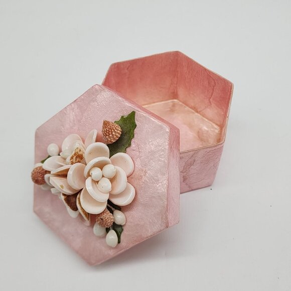 Hexagon Pink Decorative Box With Floral Shell Design - Picture 1 of 8